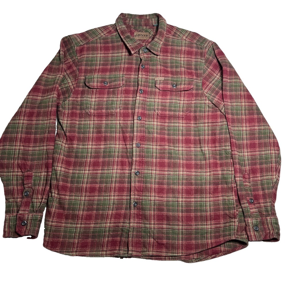 Orvis Mens XL Vintage Heavyweight Flannel Button Shirt Side Pockets Jacket Plaid